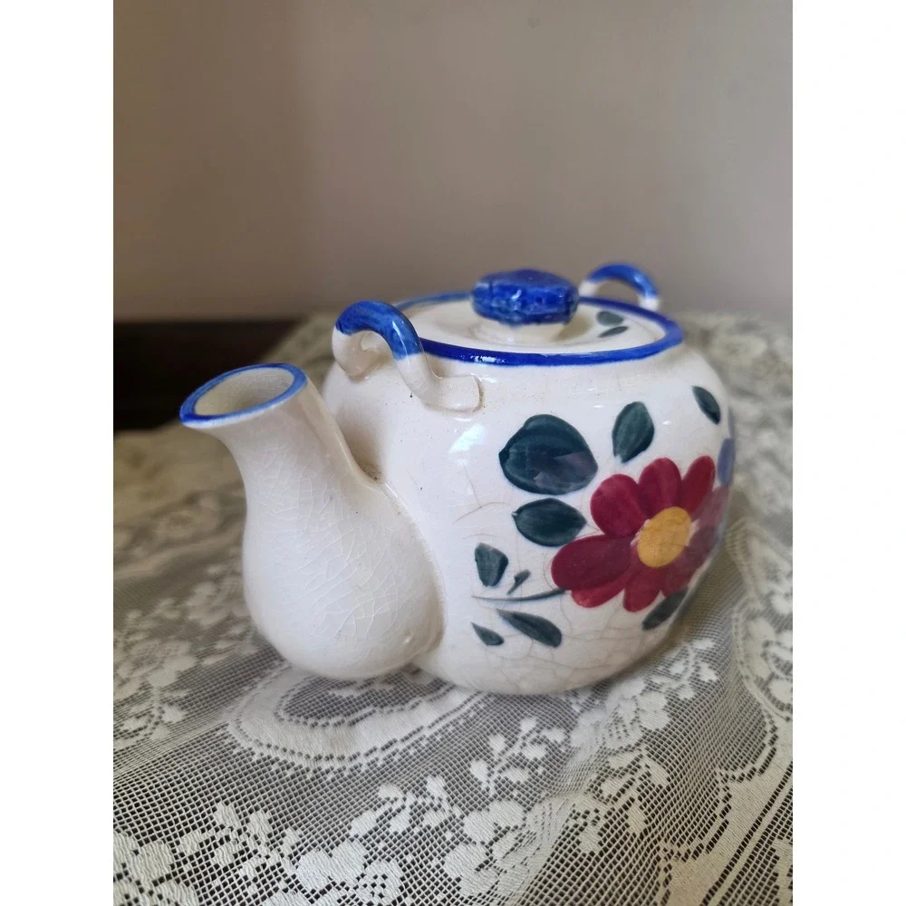 Vtg Made in Japan Hand Painted Flower Tea Pot Blue Red Floral Crazing Glaze